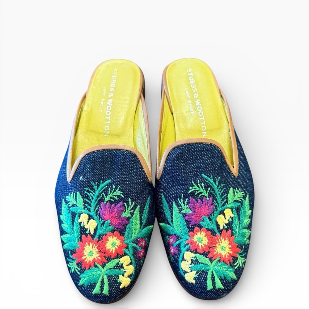 Stubbs & Wooten Emrodiery Vibrant Floral Denim Mules Slip On 7.5 - Picture 3 of 14